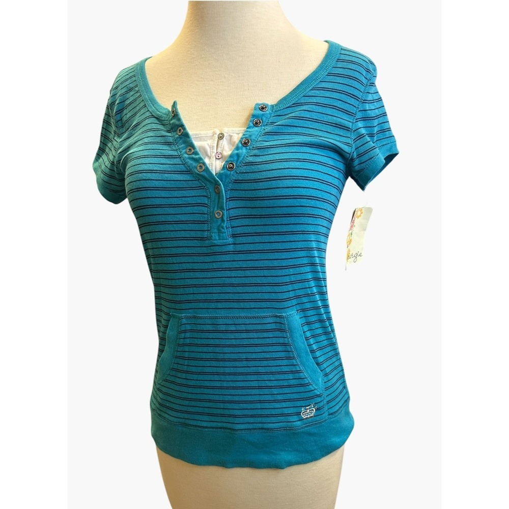 NWT Y2K Energie Striped Henley Top SS Kangaroo Pocket Junior Large Bella Swan - Picture 12 of 16